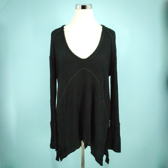 Free People Size Small S Thermal Waffle Knit V Neck Long Sleeve Boho Top - Picture 1 of 7